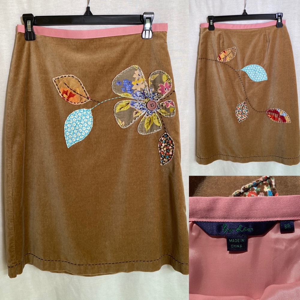 Boden tan skirt with appliqué floral & leaf design